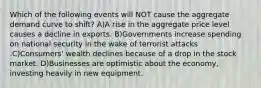 Which of the following events will NOT cause the aggregate demand curve to shift? A)A rise in the aggregate price level causes a decline in exports. B)Governments increase spending on national security in the wake of terrorist attacks .C)Consumers' wealth declines because of a drop in the stock market. D)Businesses are optimistic about the economy, investing heavily in new equipment.