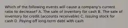 Which of the following events will cause a company's current ratio to decrease? A. The sale of inventory for cash B. The sale of inventory for credit (accounts receivable) C. Issuing stock for cash D. Paying off long-term debt with cash