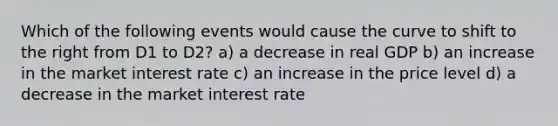 Which of the following events would cause the curve to shift to the right from D1 to D2? a) a decrease in real GDP b) an increase in the market interest rate c) an increase in the price level d) a decrease in the market interest rate