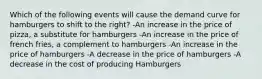 Which of the following events will cause the demand curve for hamburgers to shift to the right? -An increase in the price of pizza, a substitute for hamburgers -An increase in the price of french fries, a complement to hamburgers -An increase in the price of hamburgers -A decrease in the price of hamburgers -A decrease in the cost of producing Hamburgers