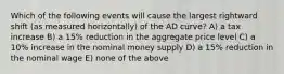 Which of the following events will cause the largest rightward shift (as measured horizontally) of the AD curve? A) a tax increase B) a 15% reduction in the aggregate price level C) a 10% increase in the nominal money supply D) a 15% reduction in the nominal wage E) none of the above