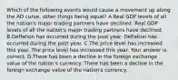 Which of the following events would cause a movement up along the AD curve​, other things being​ equal? A.Real GDP levels of all the nation's major trading partners have declined. Real GDP levels of all the nation's major trading partners have declined. B.Deflation has occurred during the past year. Deflation has occurred during the past year. C.The price level has increased this year. The price level has increased this year. Your answer is correct. D.There has been a decline in the foreign exchange value of the nation's currency. There has been a decline in the foreign exchange value of the nation's currency.