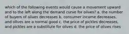 which of the following events would cause a movement upward and to the left along the demand curve for olives? a. the number of buyers of olives decreases b. consumer income decreases, and olives are a normal good c. the price of pickles decreases, and pickles are a substitute for olives d. the price of olives rises