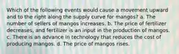 Which of the following events would cause a movement upward and to the right along the supply curve for mangos? a. The number of sellers of mangos increases. b. The price of fertilizer decreases, and fertilizer is an input in the production of mangos. c. There is an advance in technology that reduces the cost of producing mangos. d. The price of mangos rises.