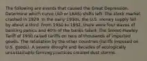 The following are events that caused the Great Depression. Determine which curve (AD or LRAS) shifts left. The stock market crashed in 1929. In the early 1930s, the U.S. money supply fell by about a third. From 1930 to 1932, there were four waves of banking panics and 40% of the banks failed. The Smoot-Hawley Tariff of 1930 raised tariffs on tens of thousands of imported goods. The retaliation by the other countries (tariffs imposed on U.S. goods). A severe drought and decades of ecologically unsustainable farming practices created dust storms.