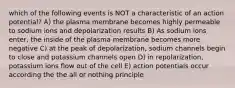 which of the following events is NOT a characteristic of an action potential? A) the plasma membrane becomes highly permeable to sodium ions and depolarization results B) As sodium ions enter, the inside of the plasma membrane becomes more negative C) at the peak of depolarization, sodium channels begin to close and potassium channels open D) in repolarization, potassium ions flow out of the cell E) action potentials occur according the the all or nothing principle