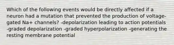 Which of the following events would be directly affected if a neuron had a mutation that prevented the production of voltage-gated Na+ channels? -depolarization leading to action potentials -graded depolarization -graded hyperpolarization -generating the resting membrane potential