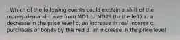 . Which of the following events could explain a shift of the money-demand curve from MD1 to MD2? (to the left) a. a decrease in the price level b. an increase in real income c. purchases of bonds by the Fed d. an increase in the price level