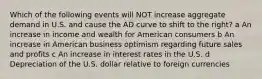 Which of the following events will NOT increase aggregate demand in U.S. and cause the AD curve to shift to the right? a An increase in income and wealth for American consumers b An increase in American business optimism regarding future sales and profits c An increase in interest rates in the U.S. d Depreciation of the U.S. dollar relative to foreign currencies