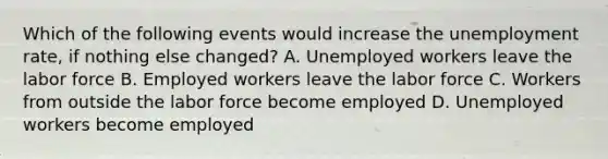 Which of the following events would increase the <a href='https://www.questionai.com/knowledge/kh7PJ5HsOk-unemployment-rate' class='anchor-knowledge'>unemployment rate</a>, if nothing else changed? A. Unemployed workers leave the labor force B. Employed workers leave the labor force C. Workers from outside the labor force become employed D. Unemployed workers become employed