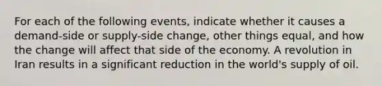 For each of the following events, indicate whether it causes a demand-side or supply-side change, other things equal, and how the change will affect that side of the economy. A revolution in Iran results in a significant reduction in the world's supply of oil.