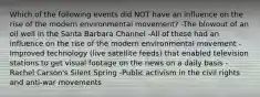 Which of the following events did NOT have an influence on the rise of the modern environmental movement? -The blowout of an oil well in the Santa Barbara Channel -All of these had an influence on the rise of the modern environmental movement -Improved technology (live satellite feeds) that enabled television stations to get visual footage on the news on a daily basis -Rachel Carson's Silent Spring -Public activism in the civil rights and anti-war movements