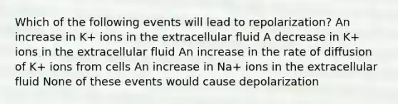 Which of the following events will lead to repolarization? An increase in K+ ions in the extracellular fluid A decrease in K+ ions in the extracellular fluid An increase in the rate of diffusion of K+ ions from cells An increase in Na+ ions in the extracellular fluid None of these events would cause depolarization