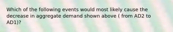 Which of the following events would most likely cause the decrease in aggregate demand shown above ( from AD2 to AD1)?