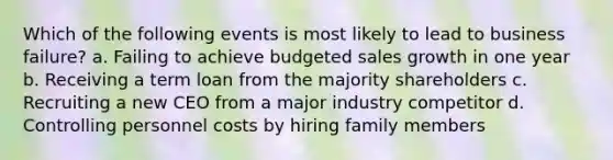 Which of the following events is most likely to lead to business failure? a. Failing to achieve budgeted sales growth in one year b. Receiving a term loan from the majority shareholders c. Recruiting a new CEO from a major industry competitor d. Controlling personnel costs by hiring family members