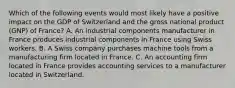 Which of the following events would most likely have a positive impact on the GDP of Switzerland and the gross national product (GNP) of France? A. An industrial components manufacturer in France produces industrial components in France using Swiss workers. B. A Swiss company purchases machine tools from a manufacturing firm located in France. C. An accounting firm located in France provides accounting services to a manufacturer located in Switzerland.