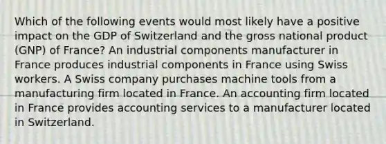 Which of the following events would most likely have a positive impact on the GDP of Switzerland and the gross national product (GNP) of France? An industrial components manufacturer in France produces industrial components in France using Swiss workers. A Swiss company purchases machine tools from a manufacturing firm located in France. An accounting firm located in France provides accounting services to a manufacturer located in Switzerland.