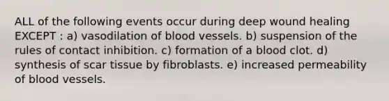 ALL of the following events occur during deep wound healing EXCEPT : a) vasodilation of <a href='https://www.questionai.com/knowledge/kZJ3mNKN7P-blood-vessels' class='anchor-knowledge'>blood vessels</a>. b) suspension of the rules of contact inhibition. c) formation of a blood clot. d) synthesis of scar tissue by fibroblasts. e) increased permeability of blood vessels.