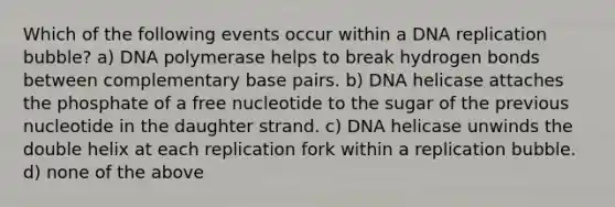 Which of the following events occur within a <a href='https://www.questionai.com/knowledge/kofV2VQU2J-dna-replication' class='anchor-knowledge'>dna replication</a> bubble? a) DNA polymerase helps to break hydrogen bonds between complementary base pairs. b) DNA helicase attaches the phosphate of a free nucleotide to the sugar of the previous nucleotide in the daughter strand. c) DNA helicase unwinds the double helix at each replication fork within a replication bubble. d) none of the above