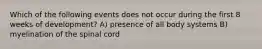 Which of the following events does not occur during the first 8 weeks of development? A) presence of all body systems B) myelination of the spinal cord