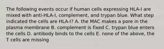 The following events occur if human cells expressing HLA-I are mixed with anti-HLA-I, complement, and trypan blue. What step indicated the cells are HLA-I? A. the MAC makes a pore in the plasma membrane B. complement is fixed C. trypan blue enters the cells D. antibody binds to the cells E. none of the above, the T cells are missing