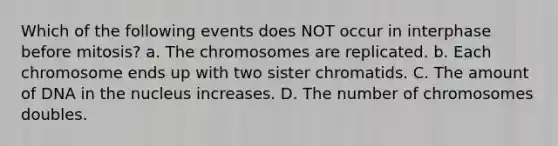 Which of the following events does NOT occur in interphase before mitosis? a. The chromosomes are replicated. b. Each chromosome ends up with two sister chromatids. C. The amount of DNA in the nucleus increases. D. The number of chromosomes doubles.