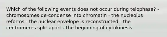 Which of the following events does not occur during telophase? - chromosomes de-condense into chromatin - the nucleolus reforms - the nuclear envelope is reconstructed - the centromeres split apart - the beginning of cytokinesis