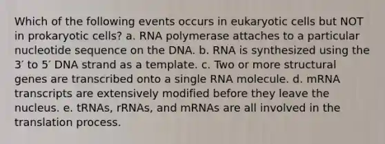 Which of the following events occurs in eukaryotic cells but NOT in prokaryotic cells? a. RNA polymerase attaches to a particular nucleotide sequence on the DNA. b. RNA is synthesized using the 3′ to 5′ DNA strand as a template. c. Two or more structural genes are transcribed onto a single RNA molecule. d. mRNA transcripts are extensively modified before they leave the nucleus. e. tRNAs, rRNAs, and mRNAs are all involved in the translation process.