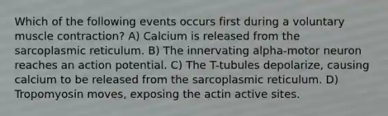 Which of the following events occurs first during a voluntary <a href='https://www.questionai.com/knowledge/k0LBwLeEer-muscle-contraction' class='anchor-knowledge'>muscle contraction</a>? A) Calcium is released from the sarcoplasmic reticulum. B) The innervating alpha-motor neuron reaches an action potential. C) The T-tubules depolarize, causing calcium to be released from the sarcoplasmic reticulum. D) Tropomyosin moves, exposing the actin active sites.