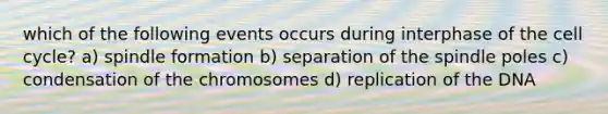 which of the following events occurs during interphase of the <a href='https://www.questionai.com/knowledge/keQNMM7c75-cell-cycle' class='anchor-knowledge'>cell cycle</a>? a) spindle formation b) separation of the spindle poles c) condensation of the chromosomes d) replication of the DNA