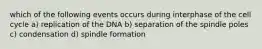 which of the following events occurs during interphase of the cell cycle a) replication of the DNA b) separation of the spindle poles c) condensation d) spindle formation