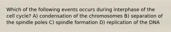 Which of the following events occurs during interphase of the cell cycle? A) condensation of the chromosomes B) separation of the spindle poles C) spindle formation D) replication of the DNA