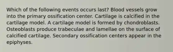 Which of the following events occurs last? Blood vessels grow into the primary ossification center. Cartilage is calcified in the cartilage model. A cartilage model is formed by chondroblasts. Osteoblasts produce trabeculae and lamellae on the surface of calcified cartilage. Secondary ossification centers appear in the epiphyses.