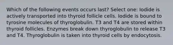 Which of the following events occurs last? Select one: Iodide is actively transported into thyroid follicle cells. Iodide is bound to tyrosine molecules of thyroglobulin. T3 and T4 are stored within thyroid follicles. Enzymes break down thyroglobulin to release T3 and T4. Thyroglobulin is taken into thyroid cells by endocytosis.