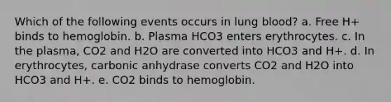 Which of the following events occurs in lung blood? a. Free H+ binds to hemoglobin. b. Plasma HCO3 enters erythrocytes. c. In the plasma, CO2 and H2O are converted into HCO3 and H+. d. In erythrocytes, carbonic anhydrase converts CO2 and H2O into HCO3 and H+. e. CO2 binds to hemoglobin.