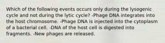 Which of the following events occurs only during the lysogenic cycle and not during the lytic cycle? -Phage DNA integrates into the host chromosome. -Phage DNA is injected into the cytoplasm of a bacterial cell. -DNA of the host cell is digested into fragments. -New phages are released.