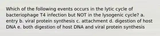 Which of the following events occurs in the lytic cycle of bacteriophage T4 infection but NOT in the lysogenic cycle? a. entry b. viral protein synthesis c. attachment d. digestion of host DNA e. both digestion of host DNA and viral protein synthesis