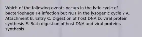 Which of the following events occurs in the lytic cycle of bacteriophage T4 infection but NOT in the lysogenic cycle ? A. Attachment B. Entry C. Digestion of host DNA D. viral <a href='https://www.questionai.com/knowledge/kVyphSdCnD-protein-synthesis' class='anchor-knowledge'>protein synthesis</a> E. Both digestion of host DNA and viral proteins synthesis