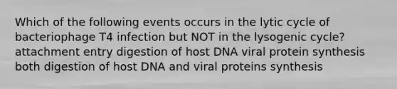 Which of the following events occurs in the lytic cycle of bacteriophage T4 infection but NOT in the lysogenic cycle? attachment entry digestion of host DNA viral protein synthesis both digestion of host DNA and viral proteins synthesis