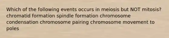 Which of the following events occurs in meiosis but NOT mitosis? chromatid formation spindle formation chromosome condensation chromosome pairing chromosome movement to poles