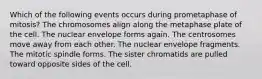 Which of the following events occurs during prometaphase of mitosis? The chromosomes align along the metaphase plate of the cell. The nuclear envelope forms again. The centrosomes move away from each other. The nuclear envelope fragments. The mitotic spindle forms. The sister chromatids are pulled toward opposite sides of the cell.