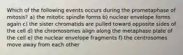 Which of the following events occurs during the prometaphase of mitosis? a) the mitotic spindle forms b) nuclear envelope forms again c) the sister chromatids are pulled toward opposite sides of the cell d) the chromosomes align along the metaphase plate of the cell e) the nuclear envelope fragments f) the centrosomes move away from each other