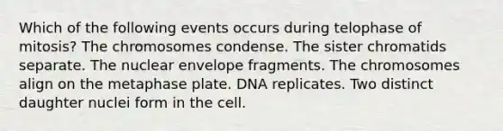 Which of the following events occurs during telophase of mitosis? The chromosomes condense. The sister chromatids separate. The nuclear envelope fragments. The chromosomes align on the metaphase plate. DNA replicates. Two distinct daughter nuclei form in the cell.