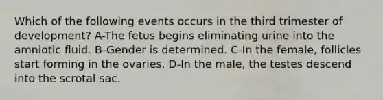 Which of the following events occurs in the third trimester of development? A-The fetus begins eliminating urine into the amniotic fluid. B-Gender is determined. C-In the female, follicles start forming in the ovaries. D-In the male, the testes descend into the scrotal sac.