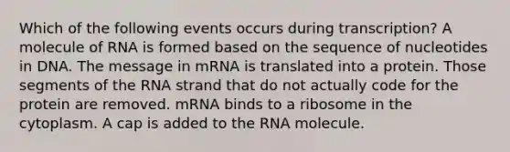 Which of the following events occurs during transcription? A molecule of RNA is formed based on the sequence of nucleotides in DNA. The message in mRNA is translated into a protein. Those segments of the RNA strand that do not actually code for the protein are removed. mRNA binds to a ribosome in the cytoplasm. A cap is added to the RNA molecule.