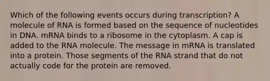 Which of the following events occurs during transcription? A molecule of RNA is formed based on the sequence of nucleotides in DNA. mRNA binds to a ribosome in the cytoplasm. A cap is added to the RNA molecule. The message in mRNA is translated into a protein. Those segments of the RNA strand that do not actually code for the protein are removed.