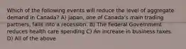 Which of the following events will reduce the level of aggregate demand in Canada? A) Japan, one of Canada's main trading partners, falls into a recession. B) The Federal Government reduces health care spending C) An increase in business taxes. D) All of the above