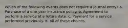 Which of the following events does not require a journal entry? a. Purchase of a one-year insurance policy. b. Agreement to perform a service at a future date. c. Payment for a service performed previously. d. All of these choices.