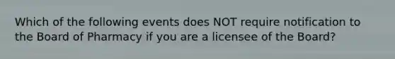 Which of the following events does NOT require notification to the Board of Pharmacy if you are a licensee of the Board?
