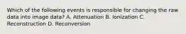 Which of the following events is responsible for changing the raw data into image data? A. Attenuation B. Ionization C. Reconstruction D. Reconversion
